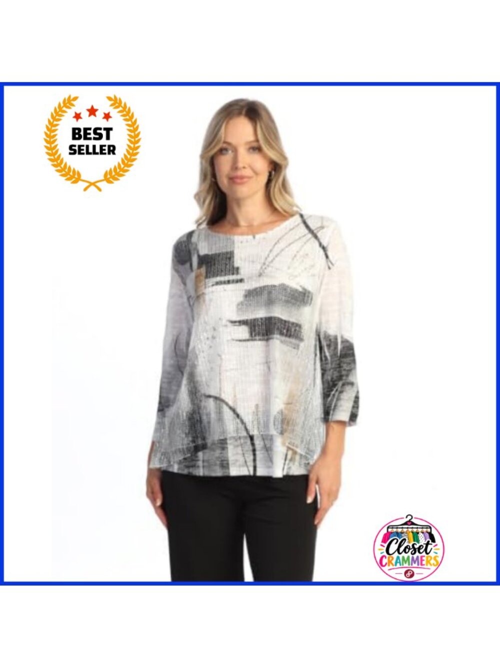 Boucle Mesh Tunic Top Burn-Out Lining Asymmetrical 3/4 Sleeve